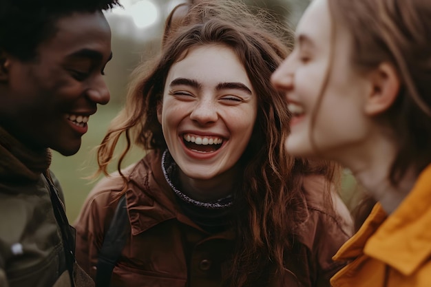 Photo closeup portrait of a young group of people laughing together natural light and sincere emotion