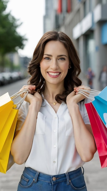 Closeup portrait of young happy woman holding bags at shopping