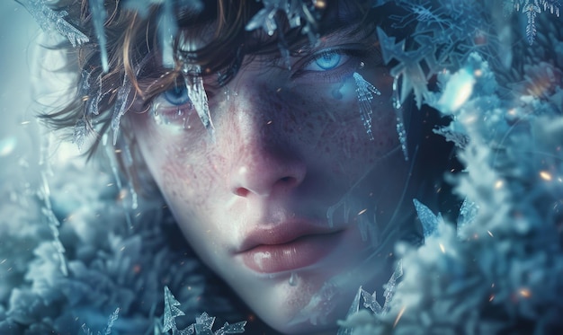 Closeup portrait of a young man draped in frosttinged robes and crystalline locks ice and frost spirits magic background