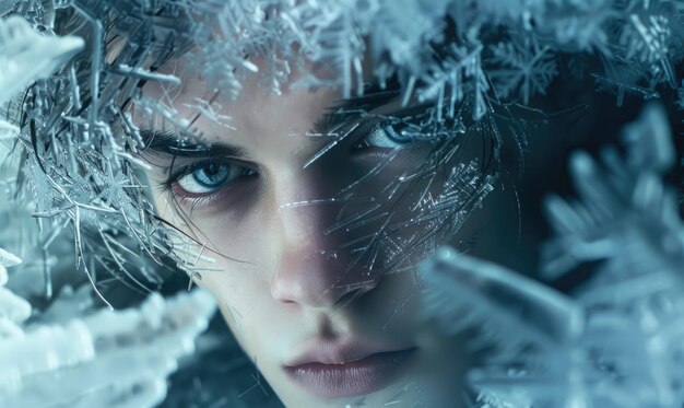 Closeup portrait of a young man draped in frosttinged robes and crystalline locks ice and frost spirits magic background