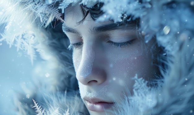 Closeup portrait of a young man draped in frosttinged robes and crystalline locks ice and frost spirits magic background