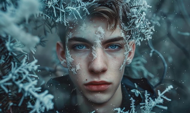 Closeup portrait of a young man in frostladen robes winter abstract background