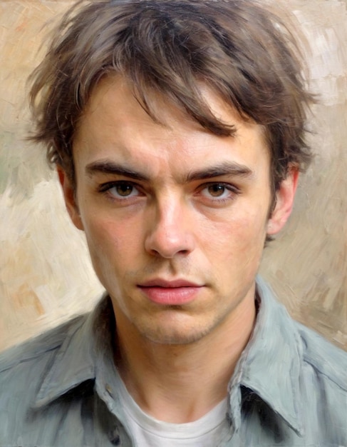 Closeup portrait of a young man in a grey shirt