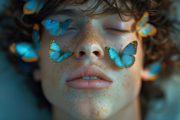 Photo closeup portrait of a young man with blue butterflies on his face