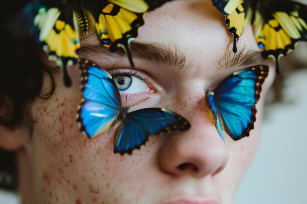 Photo closeup portrait of a young man with butterflies on his face emphasizing a surreal and dreamy atmosphere