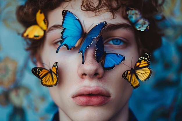 Photo closeup portrait of a young man with colorful butterflies on his face