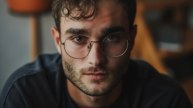 Closeup portrait of a young man with curly hair and glasses looking intently at the camera