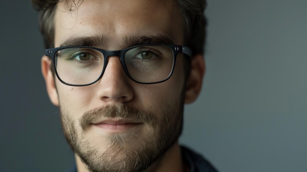 Closeup portrait of a young man with glasses and a beard looking at the camera