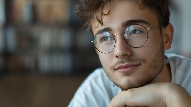 Closeup portrait of a young man with glasses looking thoughtfully off to the side