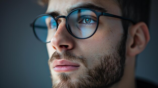 Closeup portrait of a young man with glasses looking up