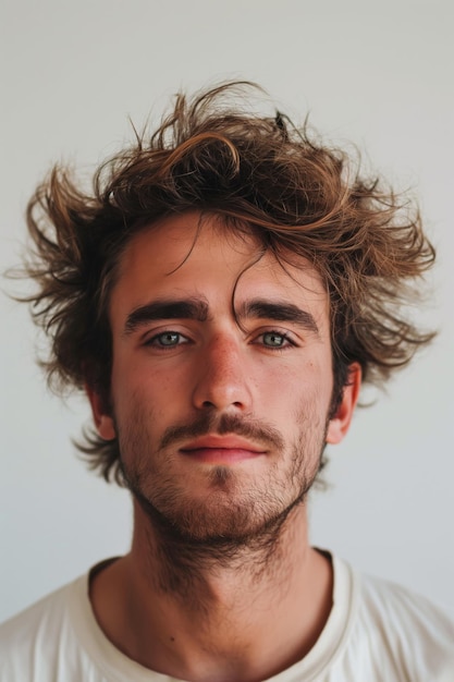 Closeup portrait of a young man with a spontaneous messy bedhead hair against a neutral background