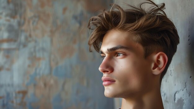 Closeup portrait of a young man with a tousled haircut looking thoughtfully off to the side