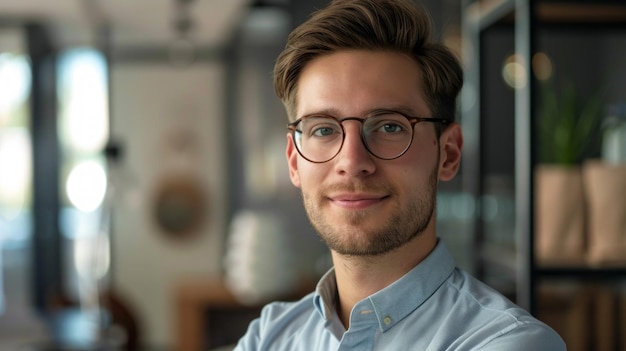 A closeup portrait of a young man with a warm smile and confident eyes He is wearing a light blue casual shirt and eyeglasses He is standing in an indoor setting