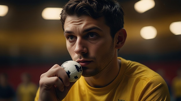 Photo closeup portrait of a young man in a yellow jersey holding a soccer ball looking thoughtfully