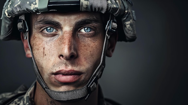 Photo closeup portrait of a young soldier with blue eyes and a determined expression on his face