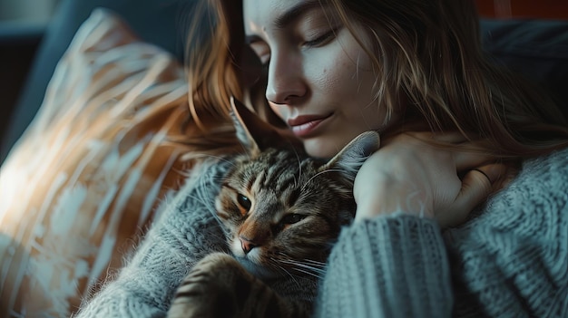 closeup portrait of young woman at home holding cat on couch