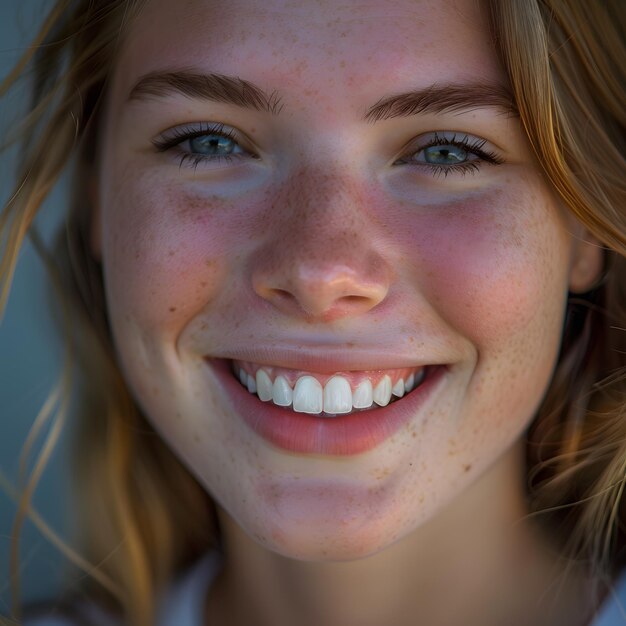 A closeup portrait of a young woman smiling on a sunny day