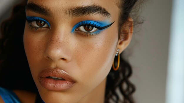 Photo closeup portrait of a young woman wearing bold blue eyeliner fashionforward makeup style emphasizing her eyes this image can be used for cosmetics advertisements or beauty editorials ai