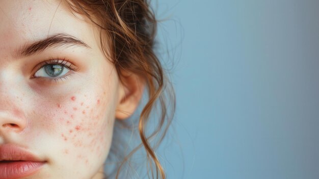 Photo a closeup portrait of a young woman with acne on her face her blue eyes are visible and she appears to be looking directly at the camera generative ai