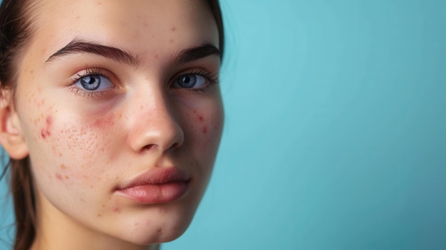 A closeup portrait of a young woman with acne on her face looking directly at the camera with a sad expression Generative AI