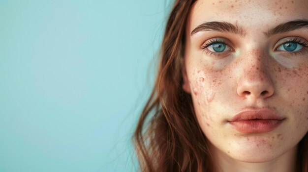 A closeup portrait of a young woman with acne on her face She has long brown hair and blue eyes The background is a light blue color Generative AI