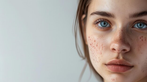 A closeup portrait of a young woman with acne on her face She has a sad expression and her skin appears to be inflamed Generative AI