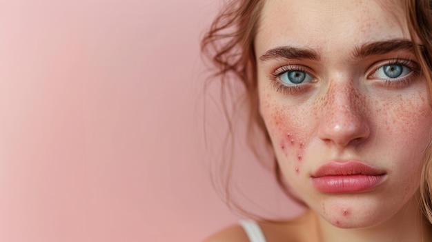 Closeup portrait of a young woman with acne on her face She is looking directly at the camera with a sad expression Generative AI