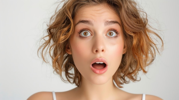 Photo closeup portrait of a young woman with an astonished expression on her face