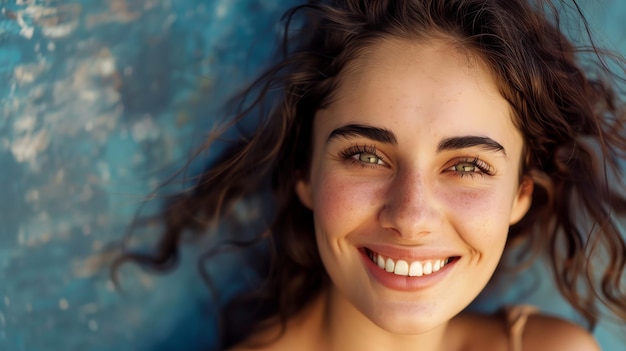 Photo closeup portrait of a young woman with beautiful green eyes and a bright smile