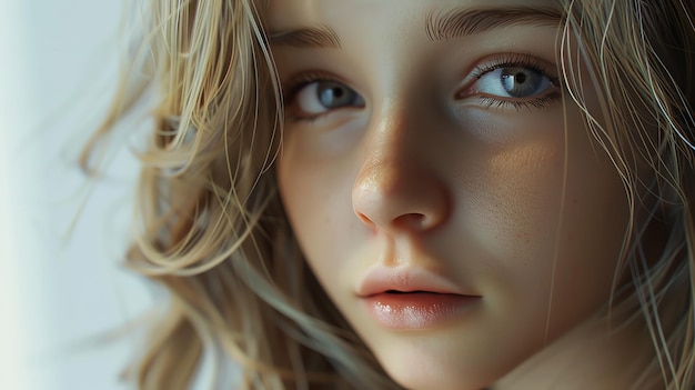 A closeup portrait of a young woman with blonde hair and blue eyes