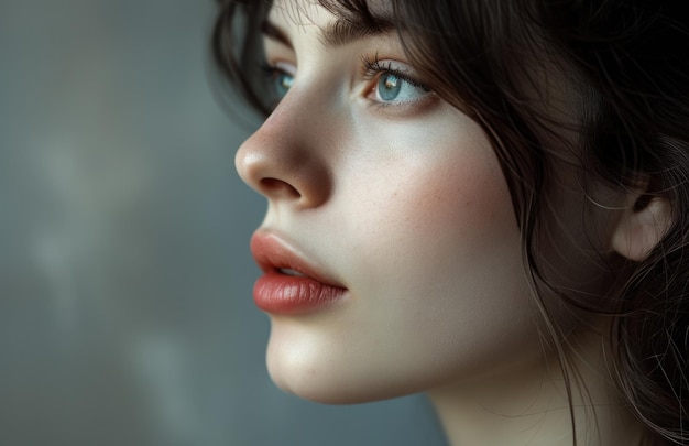 Closeup portrait of a young woman with blue eyes gazing away thoughtfully natural light highlighting her features