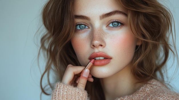 Photo closeup portrait of a young woman with blue eyes and long brown hair applying lipstick