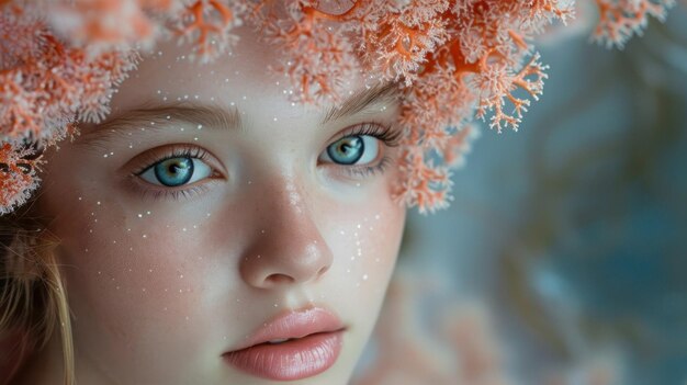 Closeup portrait of a young woman with blue eyes and pink corallike adornments on her head creating an ethereal and dreamy atmosphere