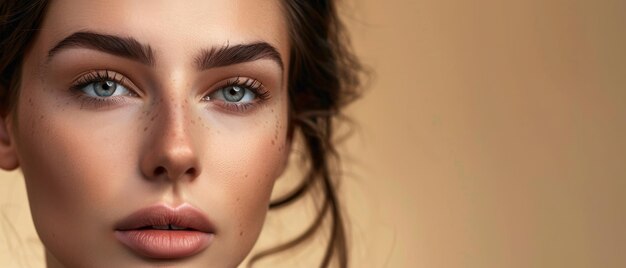 A closeup portrait of a young woman with clear blue eyes and light freckles against a soft beige background capturing a serene and thoughtful expression