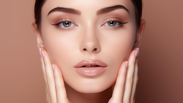 Closeup Portrait of a young woman with delicate makeup halfopen mouth pink lips manicured hands looking at the camera on a beige background Beauty Facial skin care cosmetics concepts