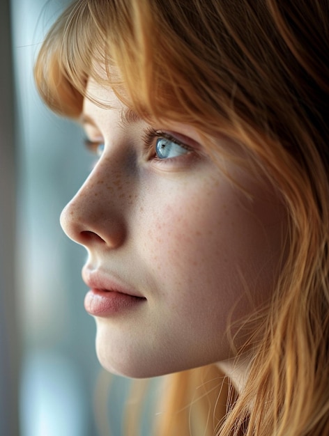 CloseUp Portrait of a Young Woman with Freckles and Blue Eyes Natural Beauty and Soft Lighting