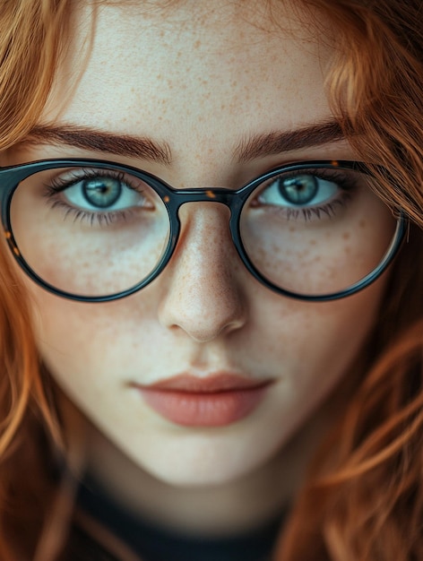 Photo closeup portrait of a young woman with freckles and glasses capturing intense blue eyes and vibran