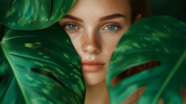 Photo a closeup portrait of a young woman with freckles surrounded by lush green leaves in a vibrant garden during daylight