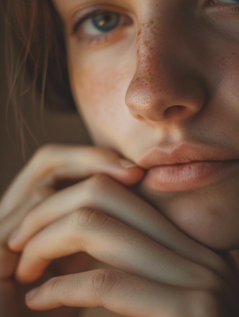 CloseUp Portrait of a Young Woman with Freckles and Thoughtful Expression