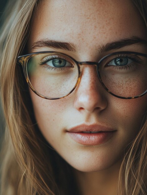 Photo closeup portrait of a young woman with glasses and freckles natural beauty and confidence