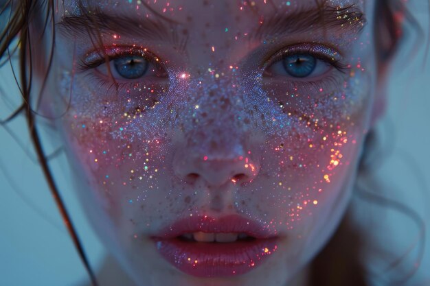 Photo closeup portrait of a young woman with glitter makeup under soft blue lighting