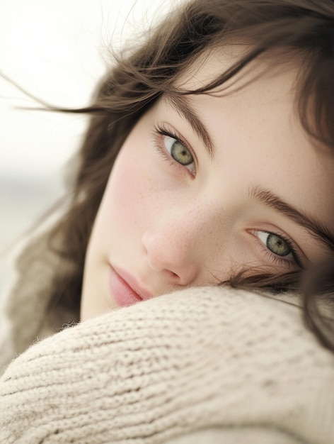 Photo closeup portrait of a young woman with green eyes and natural beauty