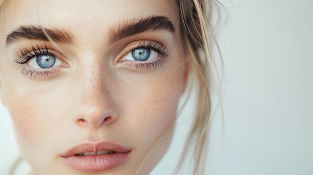 Photo closeup portrait of a young woman with striking blue eyes and full arched eyebrows her natural beauty highlighted by soft lighting and a serene expression