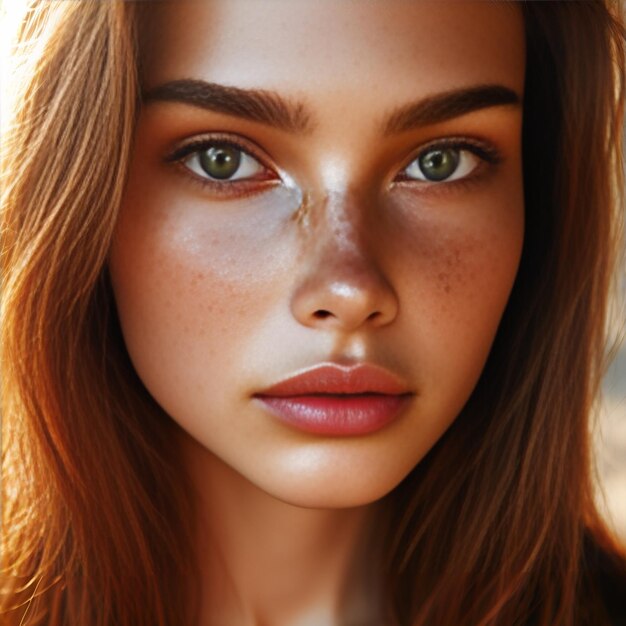 Closeup portrait of a young woman with sunkissed skin freckles and piercing green eyes