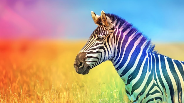 Photo a closeup portrait of a zebra with rainbow stripes standing in a field