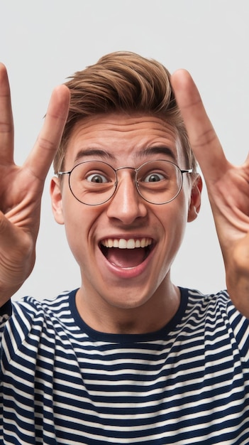 Photo closeup portrt happy excited successful young man giving peace victory or two sign isolated white b