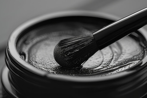 A closeup of a pot of gel eyeliner with a fine brush delicately dipped in ready to define eyes wit