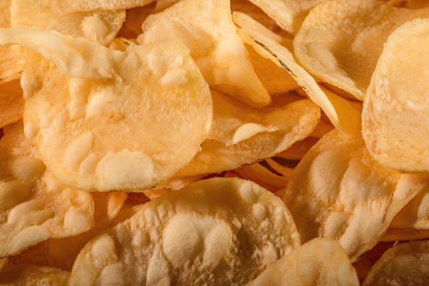 Closeup of potato chip with detailed view of its texture and flavor