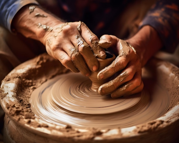 A closeup of a potter's hands working clay on a wheel Generative AI