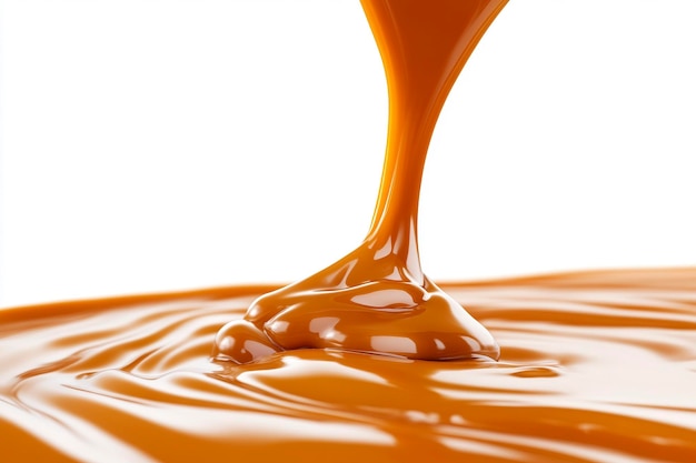 Photo closeup of pouring caramel rich and glossy liquid texture